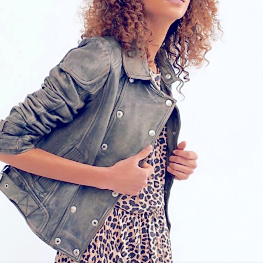 Free People Leather Jacket Black and Tan Moto Style